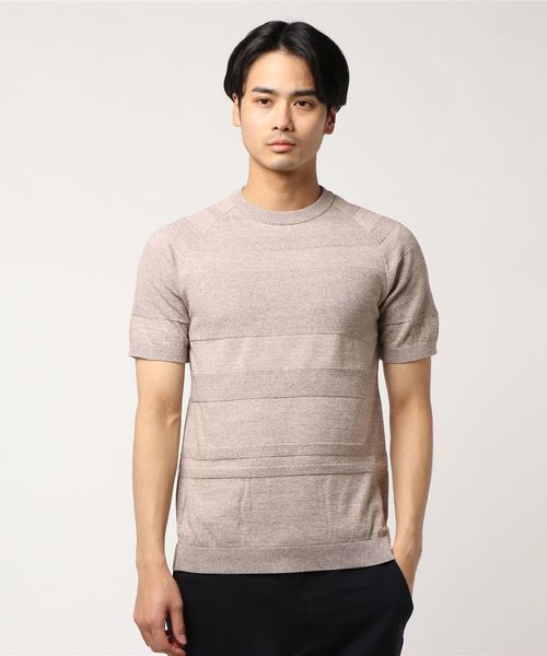 SHIPS(シップス)の「SC: ランダムボーダー ニット Tシャツ■(Tシャツ/カットソー・メンズ・ネイビー/マスタード/ブラウン/ブルー/ホワイト・SMALL/LARGE/X-LARGE/MEDIUM)」の1枚目の写真