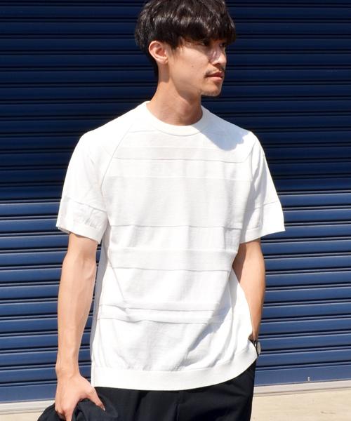 SHIPS(シップス)の「SC: ランダムボーダー ニット Tシャツ■(Tシャツ/カットソー・メンズ・ネイビー/マスタード/ブラウン/ブルー/ホワイト・SMALL/LARGE/X-LARGE/MEDIUM)」の2枚目の写真