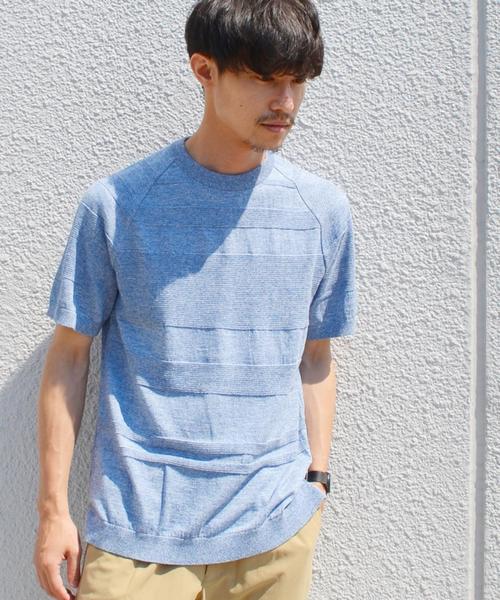 SHIPS(シップス)の「SC: ランダムボーダー ニット Tシャツ■(Tシャツ/カットソー・メンズ・ネイビー/マスタード/ブラウン/ブルー/ホワイト・SMALL/LARGE/X-LARGE/MEDIUM)」の4枚目の写真