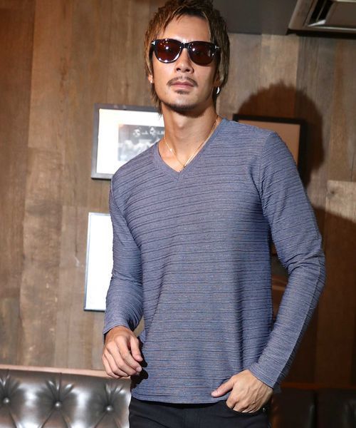 ADMIX/ATELIER SAB MEN（アドミックスアトリエサブメン）の「ピンタック ジャガード ボーダー ／ Vネック ロングTee（Tシャツ/カットソー・メンズ・ブラック/ネイビー/グレー/オフホワイト/ブルー・48/50/52）」の5枚目の写真