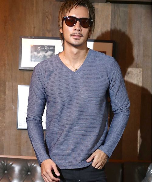 ADMIX/ATELIER SAB MEN（アドミックスアトリエサブメン）の「ピンタック ジャガード ボーダー ／ Vネック ロングTee（Tシャツ/カットソー・メンズ・ブラック/ネイビー/グレー/オフホワイト/ブルー・48/50/52）」の6枚目の写真