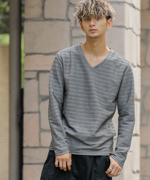 ADMIX/ATELIER SAB MEN（アドミックスアトリエサブメン）の「ピンタック ジャガード ボーダー ／ Vネック ロングTee（Tシャツ/カットソー・メンズ・ブラック/ネイビー/グレー/オフホワイト/ブルー・48/50/52）」の4枚目の写真