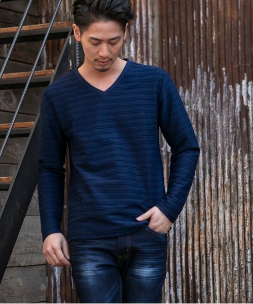 ADMIX/ATELIER SAB MEN（アドミックスアトリエサブメン）の「ピンタック ジャガード ボーダー ／ Vネック ロングTee（Tシャツ/カットソー・メンズ・ブラック/ネイビー/グレー/オフホワイト/ブルー・48/50/52）」の18枚目の写真