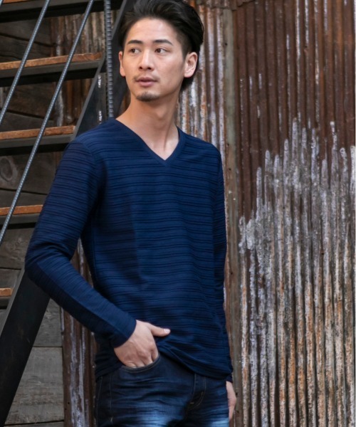 ADMIX/ATELIER SAB MEN（アドミックスアトリエサブメン）の「ピンタック ジャガード ボーダー ／ Vネック ロングTee（Tシャツ/カットソー・メンズ・ブラック/ネイビー/グレー/オフホワイト/ブルー・48/50/52）」の17枚目の写真