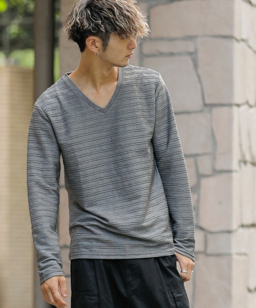 ADMIX/ATELIER SAB MEN（アドミックスアトリエサブメン）の「ピンタック ジャガード ボーダー ／ Vネック ロングTee（Tシャツ/カットソー・メンズ・ブラック/ネイビー/グレー/オフホワイト/ブルー・48/50/52）」の22枚目の写真