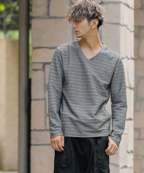 ADMIX/ATELIER SAB MEN（アドミックスアトリエサブメン）の「ピンタック ジャガード ボーダー ／ Vネック ロングTee（Tシャツ/カットソー・メンズ・ブラック/ネイビー/グレー/オフホワイト/ブルー・48/50/52）」の21枚目の写真