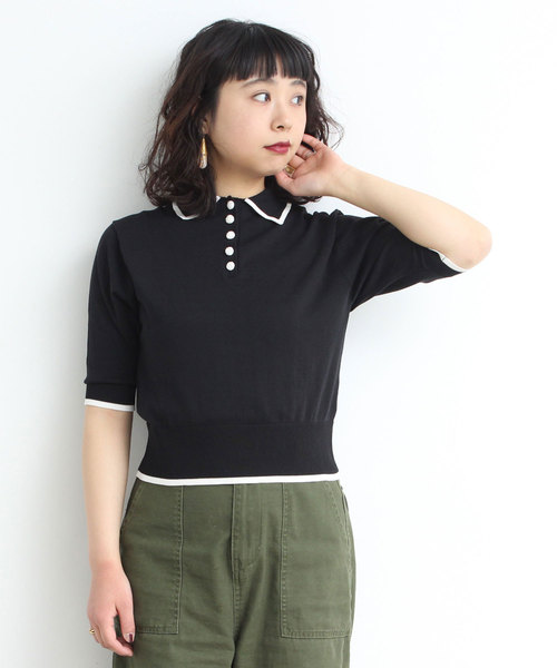 Dot Stripes Child Woman ドットアンドストライプス チャイルドウーマン の バイカラー くるみボタン ニットポロシャツ ポロシャツ Wear
