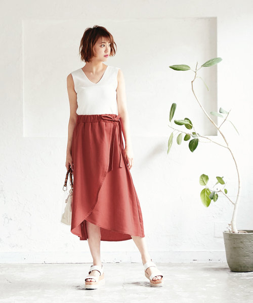 KOBE LETTUCE（コウベレタス）の「リボン付きリネンタッチラップスカート＊ボトムス/レディース/ミディアム丈[M2223]【入荷済】神戸レタス（スカート・レディース・ベージュ/レッド/グリーン・FREE）」の9枚目の写真