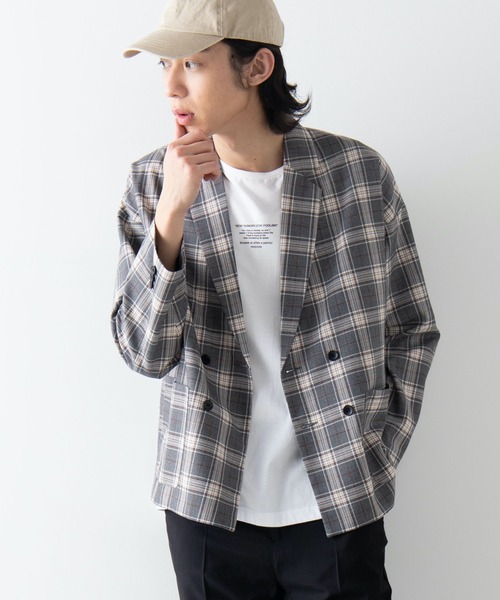 WEGO（ウィゴー）の「WEGO/【セットアップ対応商品】チェックダブルテーラードジャケット（テーラードジャケット・メンズ・ベージュ/グレー・MEDIUM/LARGE）」の2枚目の写真