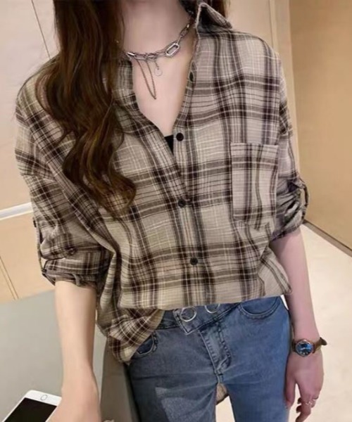 Diosfront(ディオスフロント)の「チェックシャツ(シャツ/ブラウス・レディース・ベージュ/ピンク・MEDIUM/LARGE/X-LARGE)」の5枚目の写真