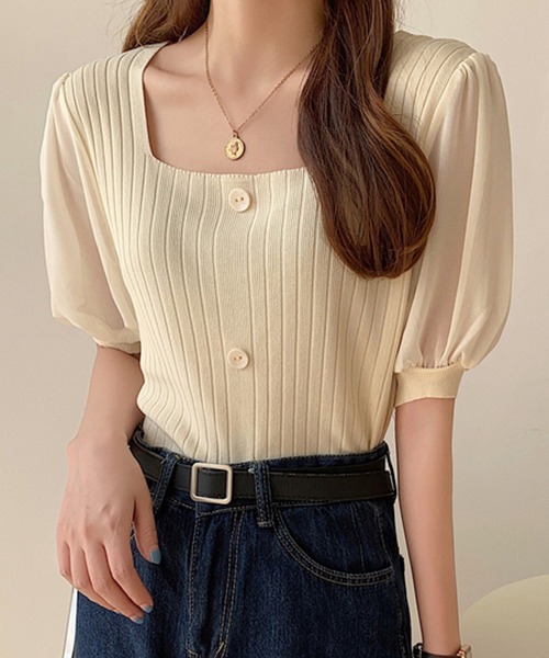 Girly Doll(ガーリードール)の「シフォン袖ドッキングリブニット(Tシャツ/カットソー・レディース・ホワイト/ブラック/ベージュ/ピンク/グリーン・FREE)」の3枚目の写真