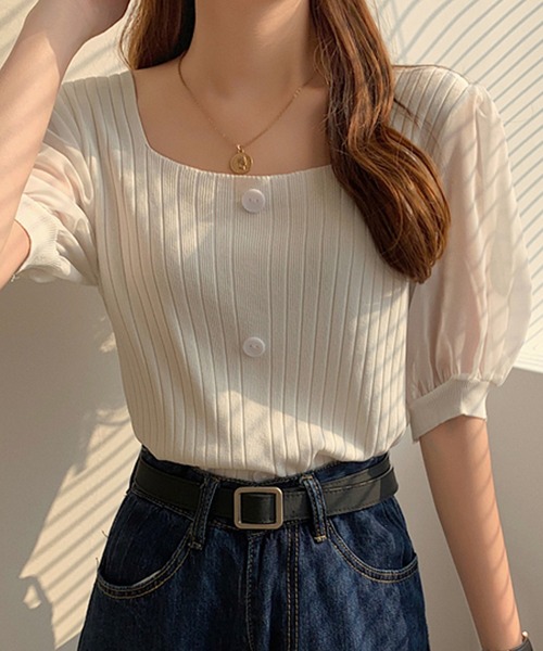Girly Doll(ガーリードール)の「シフォン袖ドッキングリブニット(Tシャツ/カットソー・レディース・ホワイト/ブラック/ベージュ/ピンク/グリーン・FREE)」の1枚目の写真