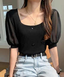シフォン袖ドッキングリブニット