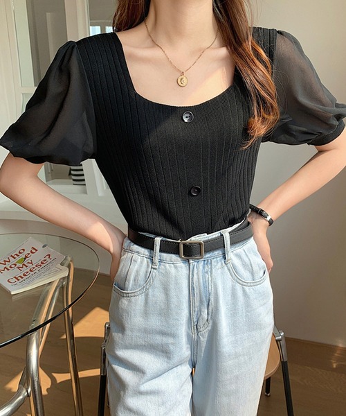 Girly Doll(ガーリードール)の「シフォン袖ドッキングリブニット(Tシャツ/カットソー・レディース・ホワイト/ブラック/ベージュ/ピンク/グリーン・FREE)」の19枚目の写真