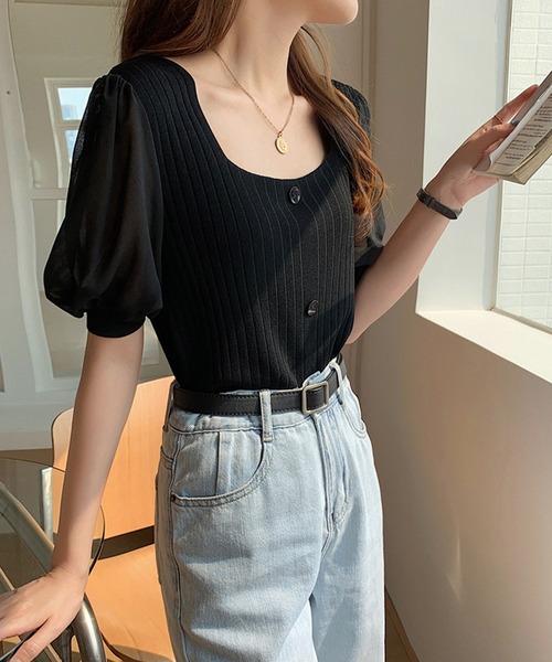 Girly Doll(ガーリードール)の「シフォン袖ドッキングリブニット(Tシャツ/カットソー・レディース・ホワイト/ブラック/ベージュ/ピンク/グリーン・FREE)」の6枚目の写真