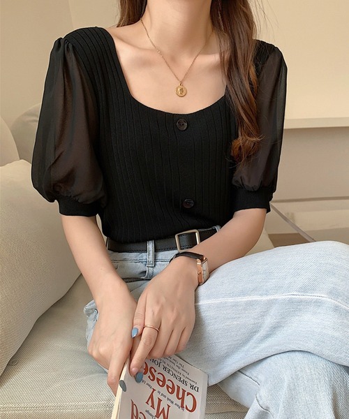 Girly Doll(ガーリードール)の「シフォン袖ドッキングリブニット(Tシャツ/カットソー・レディース・ホワイト/ブラック/ベージュ/ピンク/グリーン・FREE)」の10枚目の写真