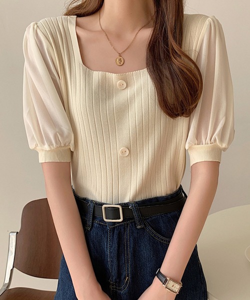 Girly Doll(ガーリードール)の「シフォン袖ドッキングリブニット(Tシャツ/カットソー・レディース・ホワイト/ブラック/ベージュ/ピンク/グリーン・FREE)」の16枚目の写真