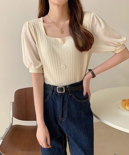 Girly Doll(ガーリードール)の「シフォン袖ドッキングリブニット(Tシャツ/カットソー・レディース・ホワイト/ブラック/ベージュ/ピンク/グリーン・FREE)」の13枚目の写真