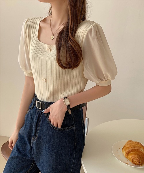 Girly Doll(ガーリードール)の「シフォン袖ドッキングリブニット(Tシャツ/カットソー・レディース・ホワイト/ブラック/ベージュ/ピンク/グリーン・FREE)」の20枚目の写真