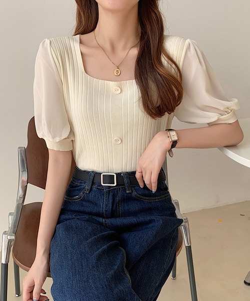 Girly Doll(ガーリードール)の「シフォン袖ドッキングリブニット(Tシャツ/カットソー・レディース・ホワイト/ブラック/ベージュ/ピンク/グリーン・FREE)」の7枚目の写真