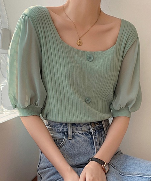 Girly Doll(ガーリードール)の「シフォン袖ドッキングリブニット(Tシャツ/カットソー・レディース・ホワイト/ブラック/ベージュ/ピンク/グリーン・FREE)」の17枚目の写真