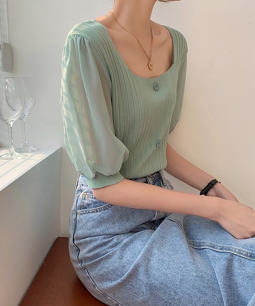 Girly Doll(ガーリードール)の「シフォン袖ドッキングリブニット(Tシャツ/カットソー・レディース・ホワイト/ブラック/ベージュ/ピンク/グリーン・FREE)」の14枚目の写真