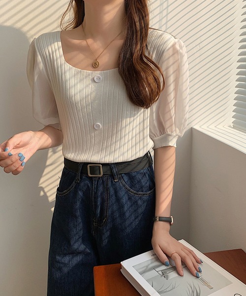 Girly Doll(ガーリードール)の「シフォン袖ドッキングリブニット(Tシャツ/カットソー・レディース・ホワイト/ブラック/ベージュ/ピンク/グリーン・FREE)」の21枚目の写真