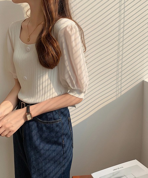 Girly Doll(ガーリードール)の「シフォン袖ドッキングリブニット(Tシャツ/カットソー・レディース・ホワイト/ブラック/ベージュ/ピンク/グリーン・FREE)」の8枚目の写真