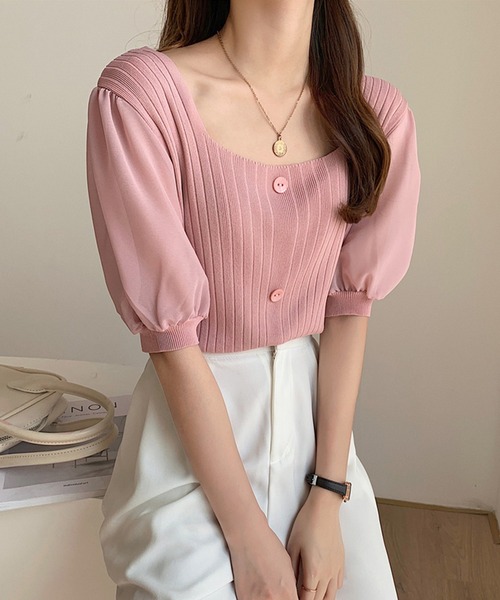 Girly Doll(ガーリードール)の「シフォン袖ドッキングリブニット(Tシャツ/カットソー・レディース・ホワイト/ブラック/ベージュ/ピンク/グリーン・FREE)」の12枚目の写真