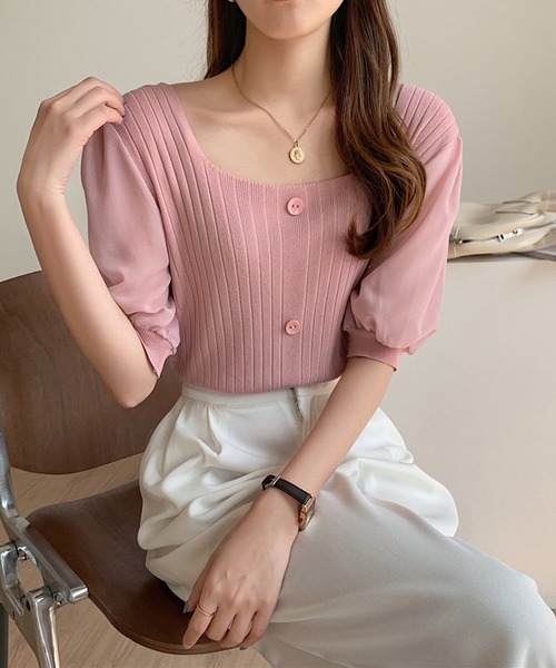 Girly Doll(ガーリードール)の「シフォン袖ドッキングリブニット(Tシャツ/カットソー・レディース・ホワイト/ブラック/ベージュ/ピンク/グリーン・FREE)」の18枚目の写真