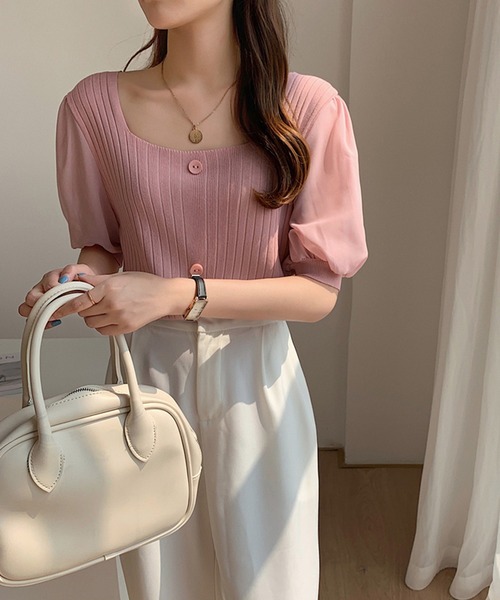 Girly Doll(ガーリードール)の「シフォン袖ドッキングリブニット(Tシャツ/カットソー・レディース・ホワイト/ブラック/ベージュ/ピンク/グリーン・FREE)」の22枚目の写真