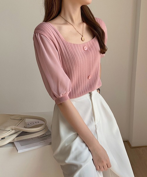 Girly Doll(ガーリードール)の「シフォン袖ドッキングリブニット(Tシャツ/カットソー・レディース・ホワイト/ブラック/ベージュ/ピンク/グリーン・FREE)」の9枚目の写真