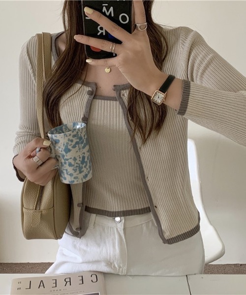 SONA(ソナ)の「SONYUNARA 配色リブカーディガン+キャミ(カーディガン/ボレロ・レディース・ホワイト/ブラック/ベージュ/グレー/ピンク/グリーン・FREE)」の4枚目の写真