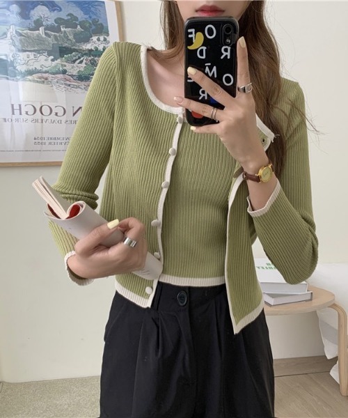 SONA(ソナ)の「SONYUNARA 配色リブカーディガン+キャミ(カーディガン/ボレロ・レディース・ホワイト/ブラック/ベージュ/グレー/ピンク/グリーン・FREE)」の5枚目の写真