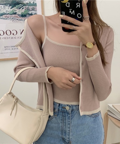 SONA(ソナ)の「SONYUNARA 配色リブカーディガン+キャミ(カーディガン/ボレロ・レディース・ホワイト/ブラック/ベージュ/グレー/ピンク/グリーン・FREE)」の19枚目の写真