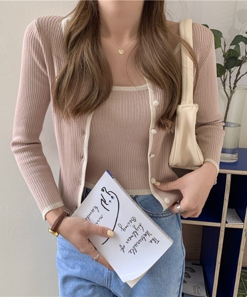 SONA(ソナ)の「SONYUNARA 配色リブカーディガン+キャミ(カーディガン/ボレロ・レディース・ホワイト/ブラック/ベージュ/グレー/ピンク/グリーン・FREE)」の21枚目の写真