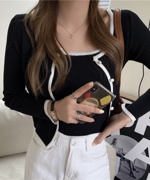 SONA(ソナ)の「SONYUNARA 配色リブカーディガン+キャミ(カーディガン/ボレロ・レディース・ホワイト/ブラック/ベージュ/グレー/ピンク/グリーン・FREE)」の11枚目の写真