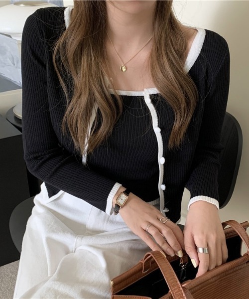 SONA(ソナ)の「SONYUNARA 配色リブカーディガン+キャミ(カーディガン/ボレロ・レディース・ホワイト/ブラック/ベージュ/グレー/ピンク/グリーン・FREE)」の13枚目の写真