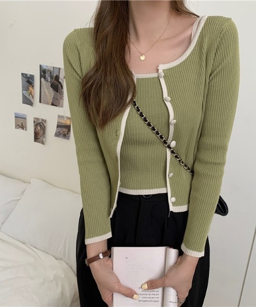 SONA(ソナ)の「SONYUNARA 配色リブカーディガン+キャミ(カーディガン/ボレロ・レディース・ホワイト/ブラック/ベージュ/グレー/ピンク/グリーン・FREE)」の16枚目の写真