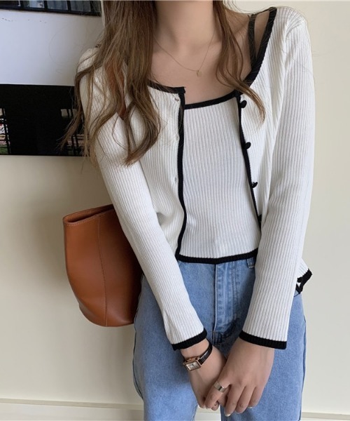 SONA(ソナ)の「SONYUNARA 配色リブカーディガン+キャミ(カーディガン/ボレロ・レディース・ホワイト/ブラック/ベージュ/グレー/ピンク/グリーン・FREE)」の22枚目の写真