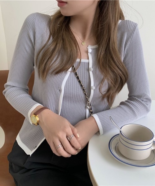 SONA(ソナ)の「SONYUNARA 配色リブカーディガン+キャミ(カーディガン/ボレロ・レディース・ホワイト/ブラック/ベージュ/グレー/ピンク/グリーン・FREE)」の8枚目の写真