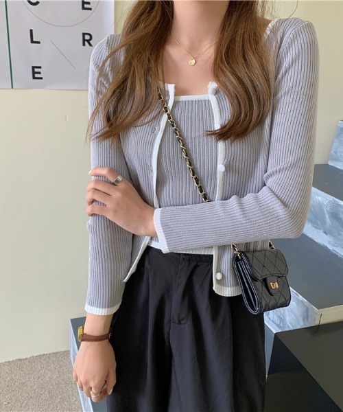 SONA(ソナ)の「SONYUNARA 配色リブカーディガン+キャミ(カーディガン/ボレロ・レディース・ホワイト/ブラック/ベージュ/グレー/ピンク/グリーン・FREE)」の9枚目の写真