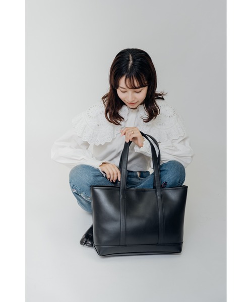 DEVICE+（デバイスプラス）の「DEVICE＋  フェイクレザー シンプル シックデザイン ビッグ トートバッグ（トートバッグ・メンズ・ブラック・FREE）」の2枚目の写真