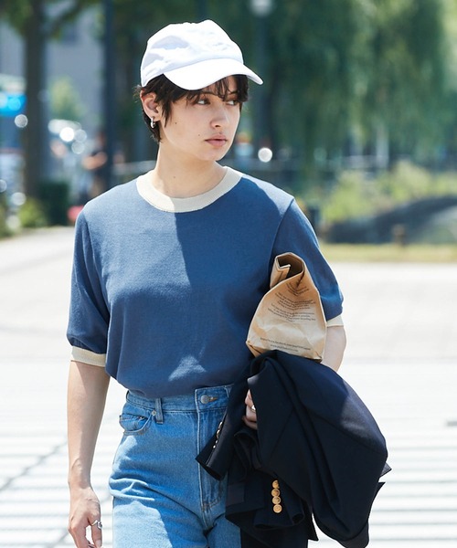 Chaco closet（チャコ クローゼット）の「配色リンガー半袖ニットプルオーバー（ニット/セーター・レディース・ベージュ/パープル/ブラウン/オレンジ/ブルー/グリーン/アイボリー/チャコール/レッド/ネイビー・FREE）」の7枚目の写真