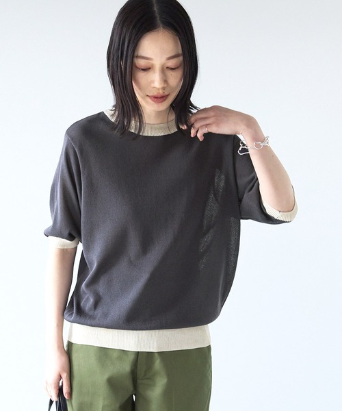 Chaco closet（チャコ クローゼット）の「配色リンガー半袖ニットプルオーバー（ニット/セーター・レディース・ベージュ/パープル/ブラウン/オレンジ/ブルー/グリーン/アイボリー/チャコール/レッド/ネイビー・FREE）」の2枚目の写真