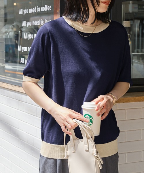 Chaco closet（チャコ クローゼット）の「配色リンガー半袖ニットプルオーバー（ニット/セーター・レディース・ベージュ/パープル/ブラウン/オレンジ/ブルー/グリーン/アイボリー/チャコール/レッド/ネイビー・FREE）」の22枚目の写真