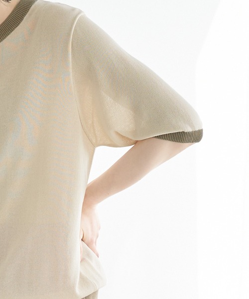 Chaco closet（チャコ クローゼット）の「配色リンガー半袖ニットプルオーバー（ニット/セーター・レディース・ベージュ/パープル/ブラウン/オレンジ/ブルー/グリーン/アイボリー/チャコール/レッド/ネイビー・FREE）」の12枚目の写真