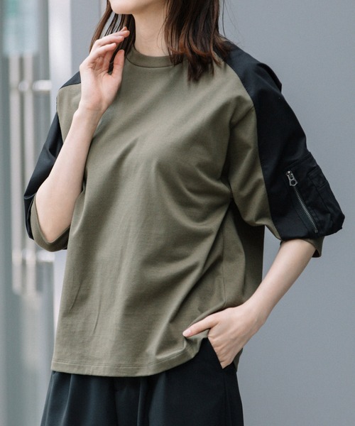 Munich（ミューニック）の「コットンジャージ×布帛パフスリーブＴシャツ（Tシャツ/カットソー・レディース・ホワイト/カーキ/グレー・FREE）」の3枚目の写真