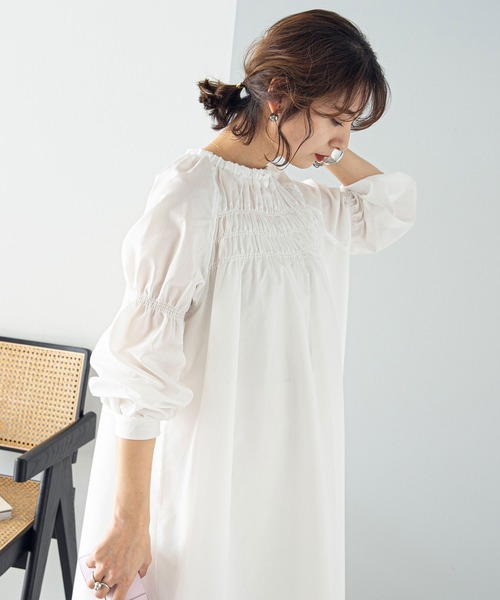 rectangle（レクタングル）の「シャーリングロングワンピース（ワンピース・レディース・ピンク/ブラック/オフホワイト・FREE）」の7枚目の写真