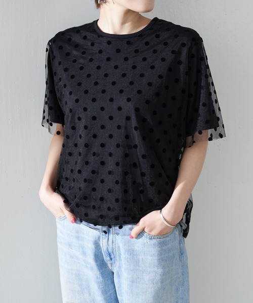 極美品 ビアズリー ドット柄刺繍 Tシャツ 黒地×白ドット ゆったり ゆるだぼ 極美品 ビアズリー ドット柄刺繍 Tシャツ 黒地×白ドット